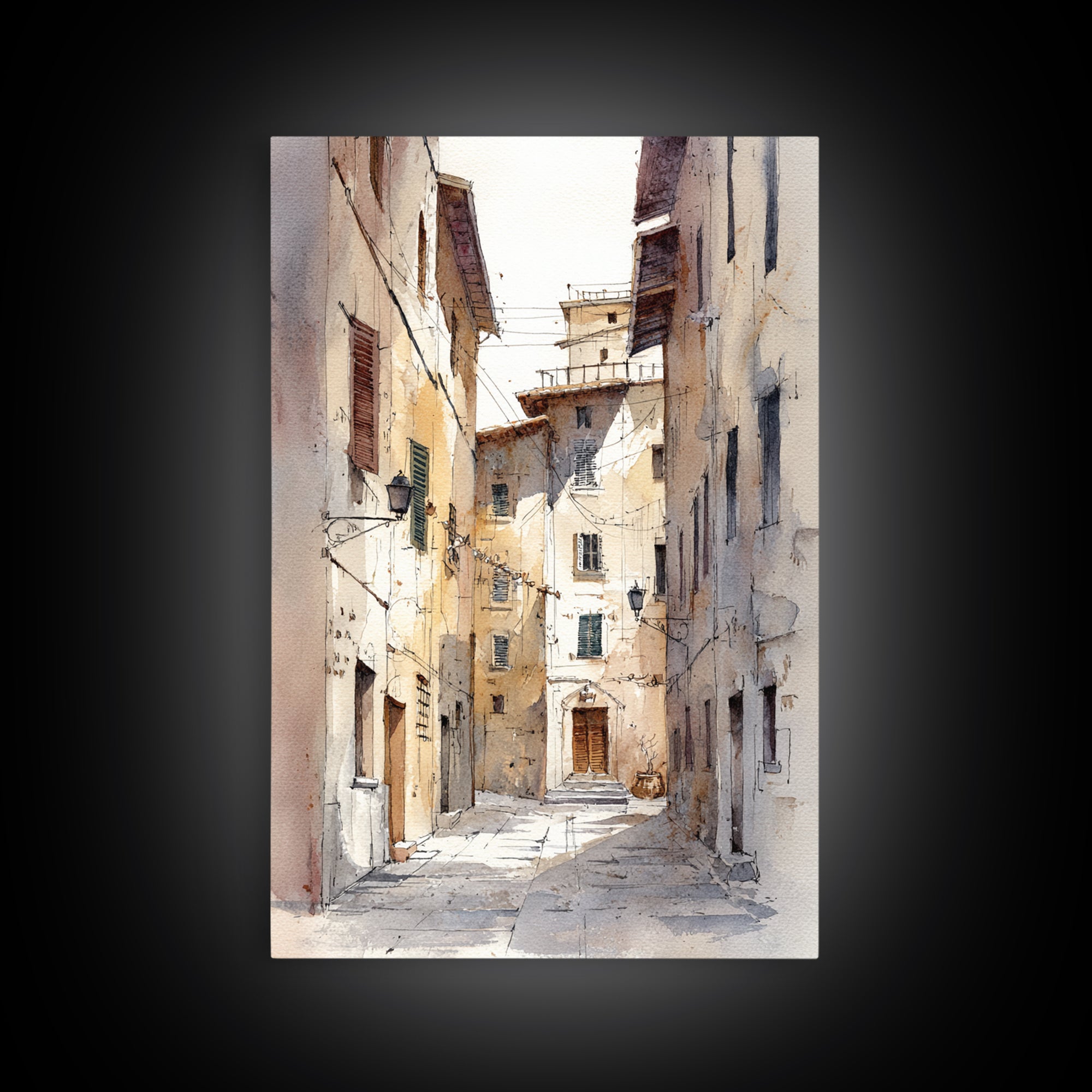 Soft Watercolor Village Street at Dawn Framed Canvas Print, Bed and Breakfast Art, Abstract Art, Living Room Decor, Fine Art, BAB-2x3-13