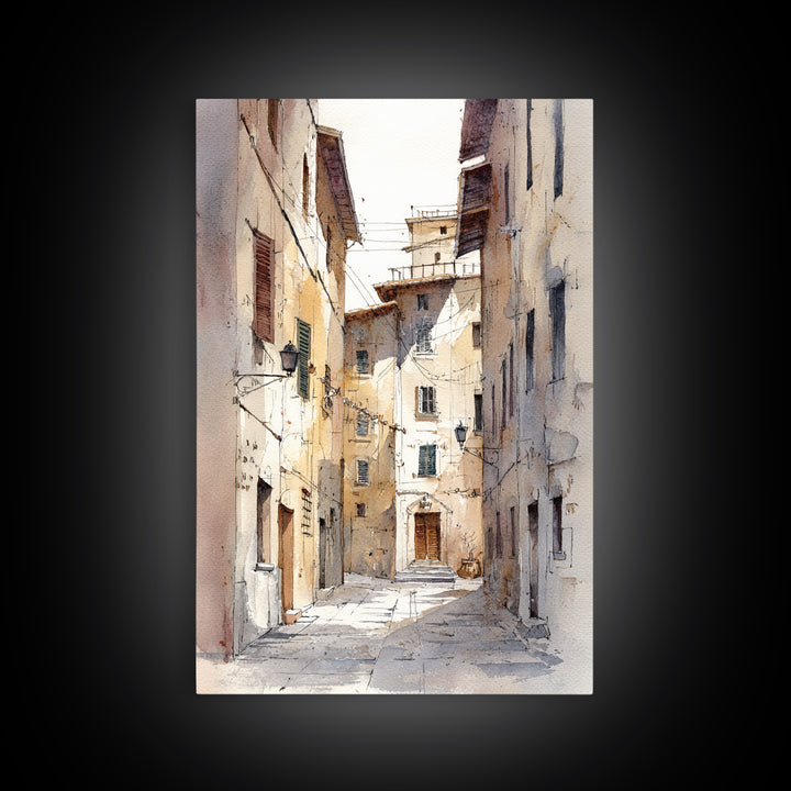 Soft Watercolor Village Street at Dawn Framed Canvas Print, Bed and Breakfast Art, Abstract Art, Living Room Decor, Fine Art, BAB-2x3-13