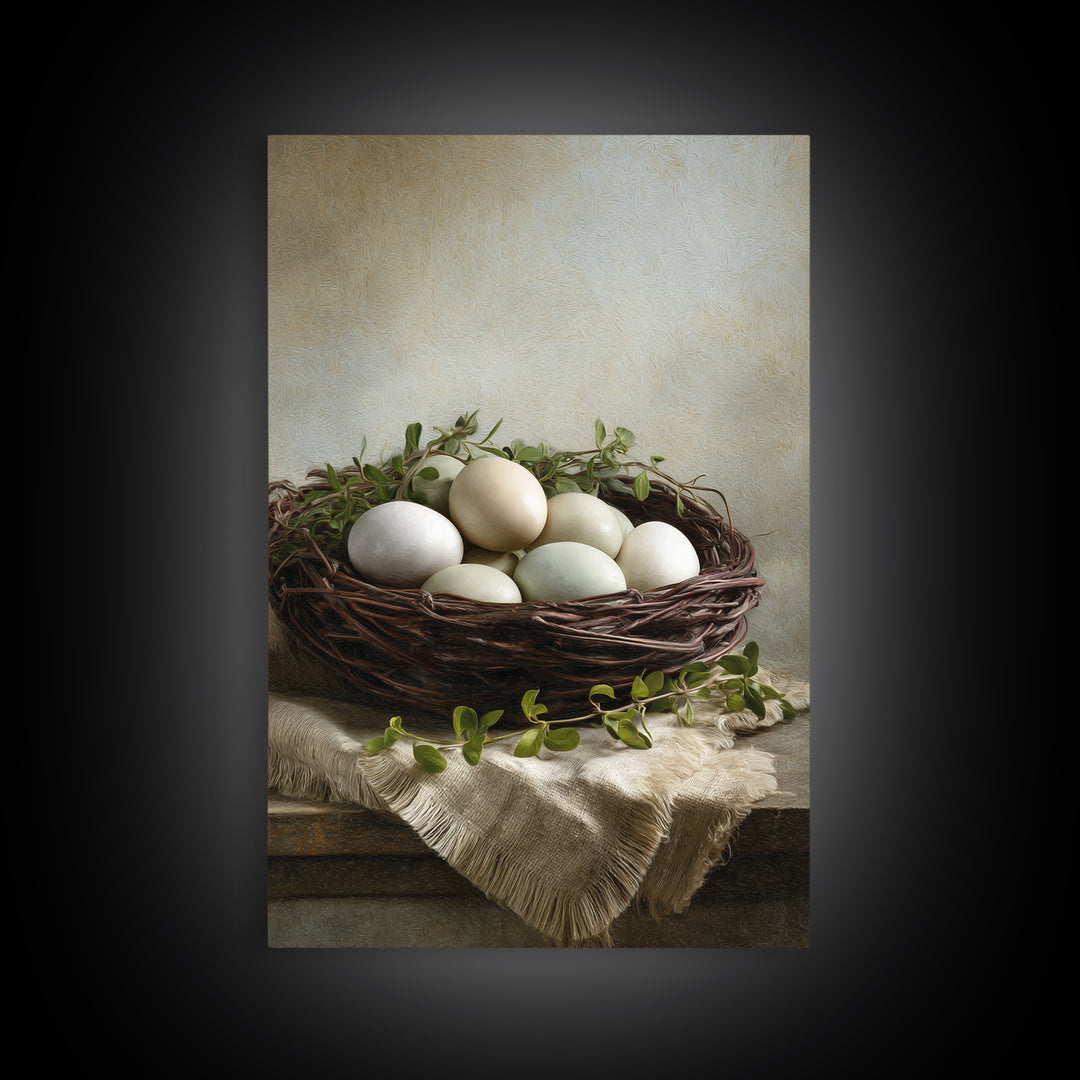 Fresh Eggs in a Woven Basket with Canvas Print, Bed and Breakfast Art, Wall Art, Living Room Decor, Oil Painting, BAB-2x3-14