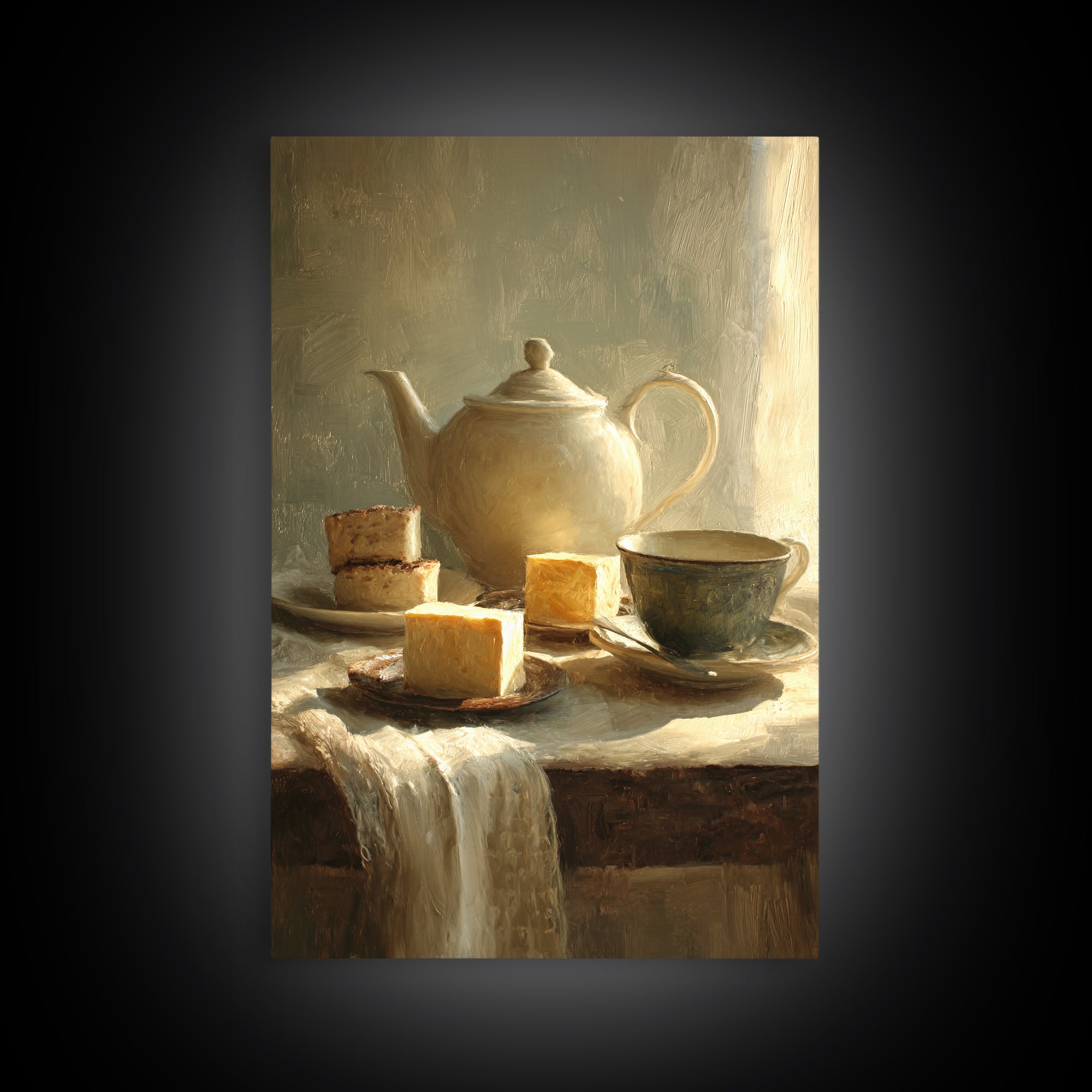 Porcelain Teapot and Scones Framed Canvas Print, Bed and Breakfast Art, Farmhouse Decor, Living Room Decor, Oil Painting, BAB-2x3-20