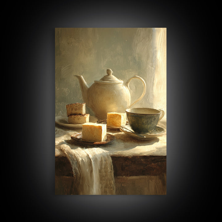 Porcelain Teapot and Scones Framed Canvas Print, Bed and Breakfast Art, Farmhouse Decor, Living Room Decor, Oil Painting, BAB-2x3-20