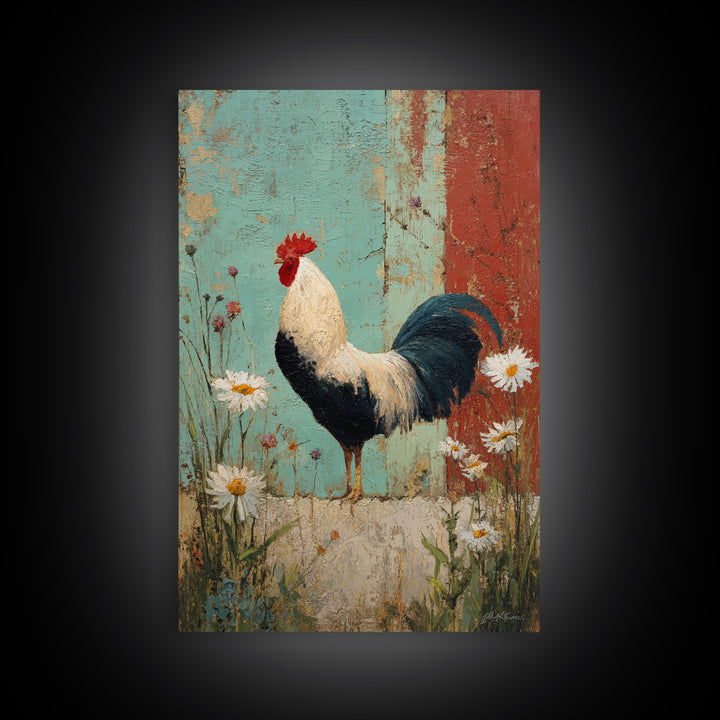 Rooster and Wildflower Country Portrait Canvas Print, Bed and Breakfast Art, Room Decor, Living Room Decor, Dopamine Decor, BAB-2x3-3