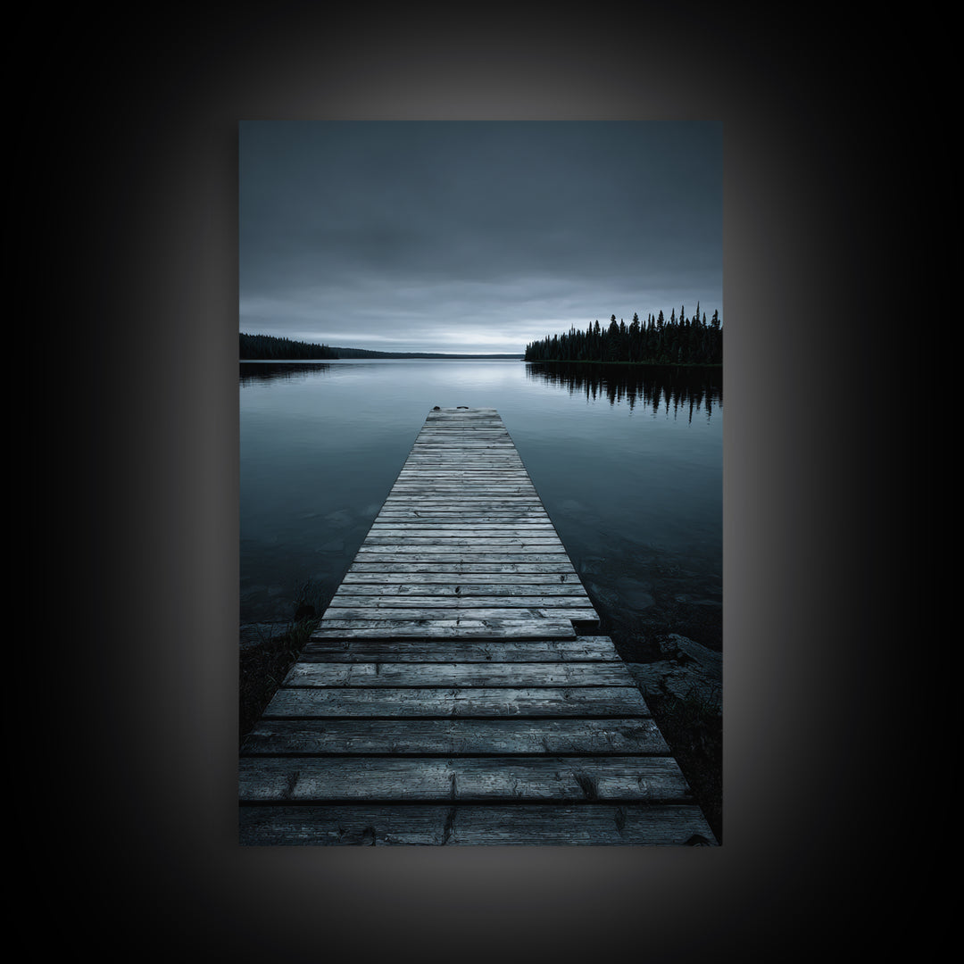 Quiet Lake Dock at Early Morning Framed Canvas Print, Bed and Breakfast Art, Minimalist Decor, Living Room Decor, Oil Painting, BAB-2x3-30