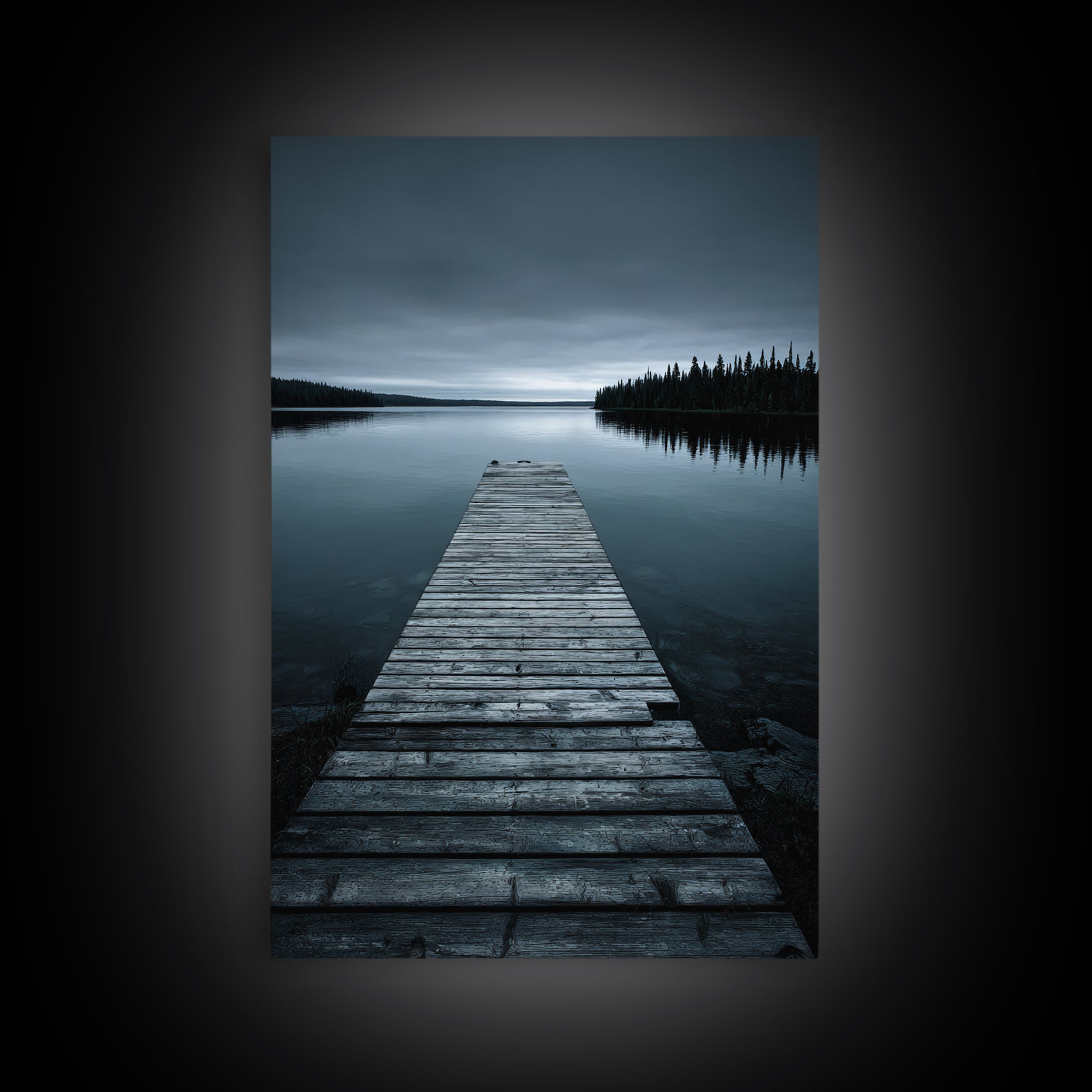 Quiet Lake Dock at Early Morning Framed Canvas Print, Bed and Breakfast Art, Minimalist Decor, Living Room Decor, Oil Painting, BAB-2x3-30