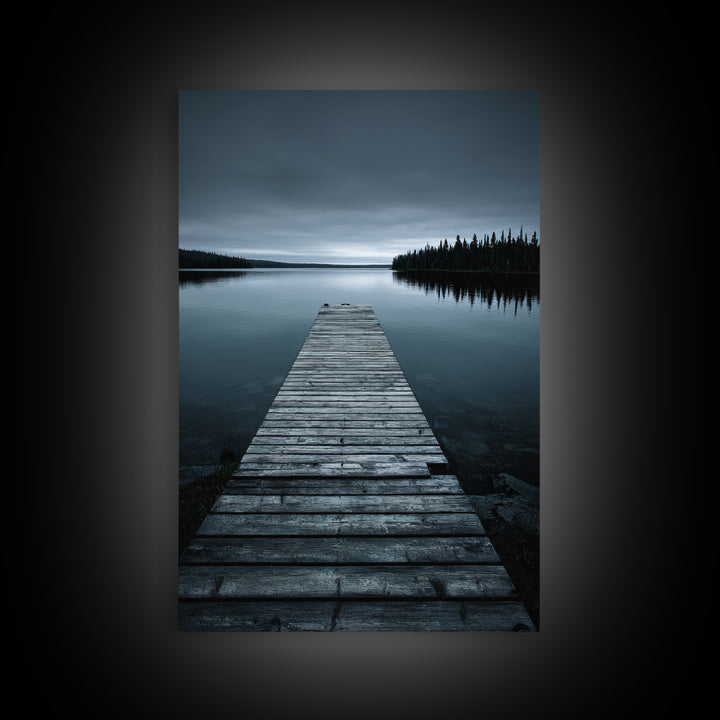 Quiet Lake Dock at Early Morning Framed Canvas Print, Bed and Breakfast Art, Minimalist Decor, Living Room Decor, Oil Painting, BAB-2x3-30