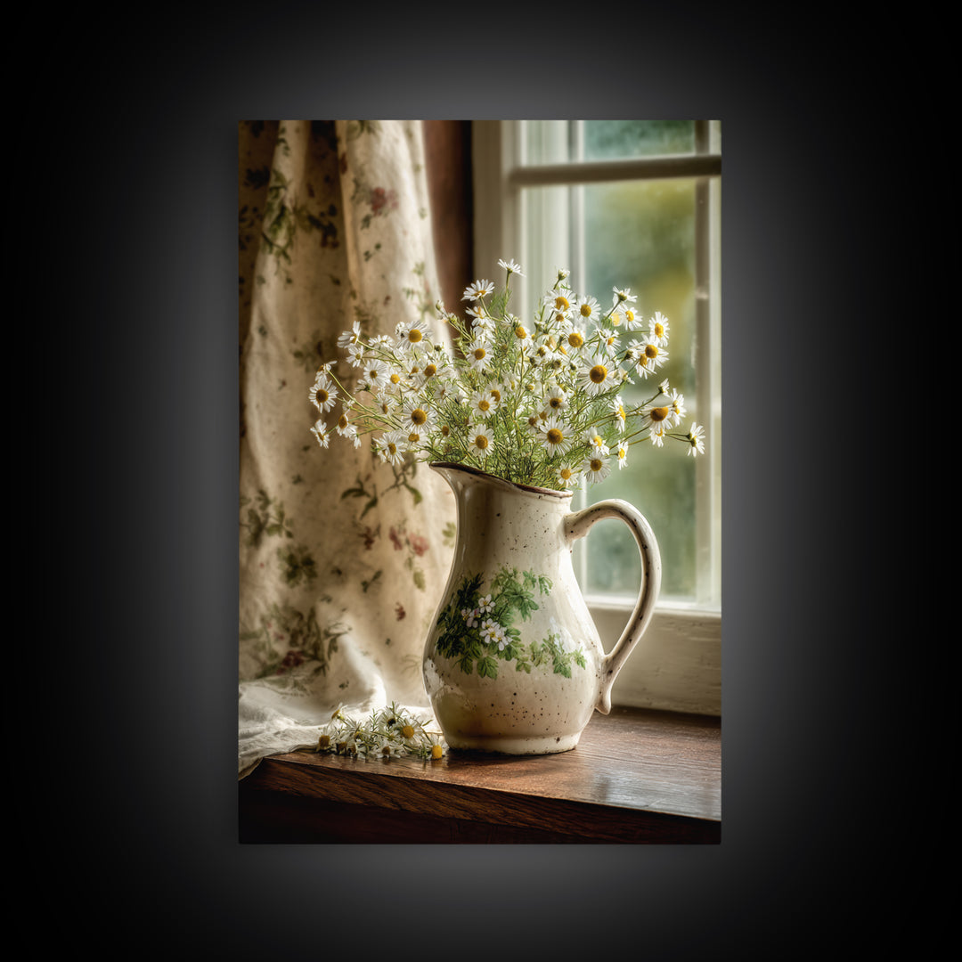 Country Wildflowers in a Chipped Ceramic Pitcher Framed Canvas Print, Bed and Breakfast Art, Living Room Decor, Fine Art, BAB-2x3-33