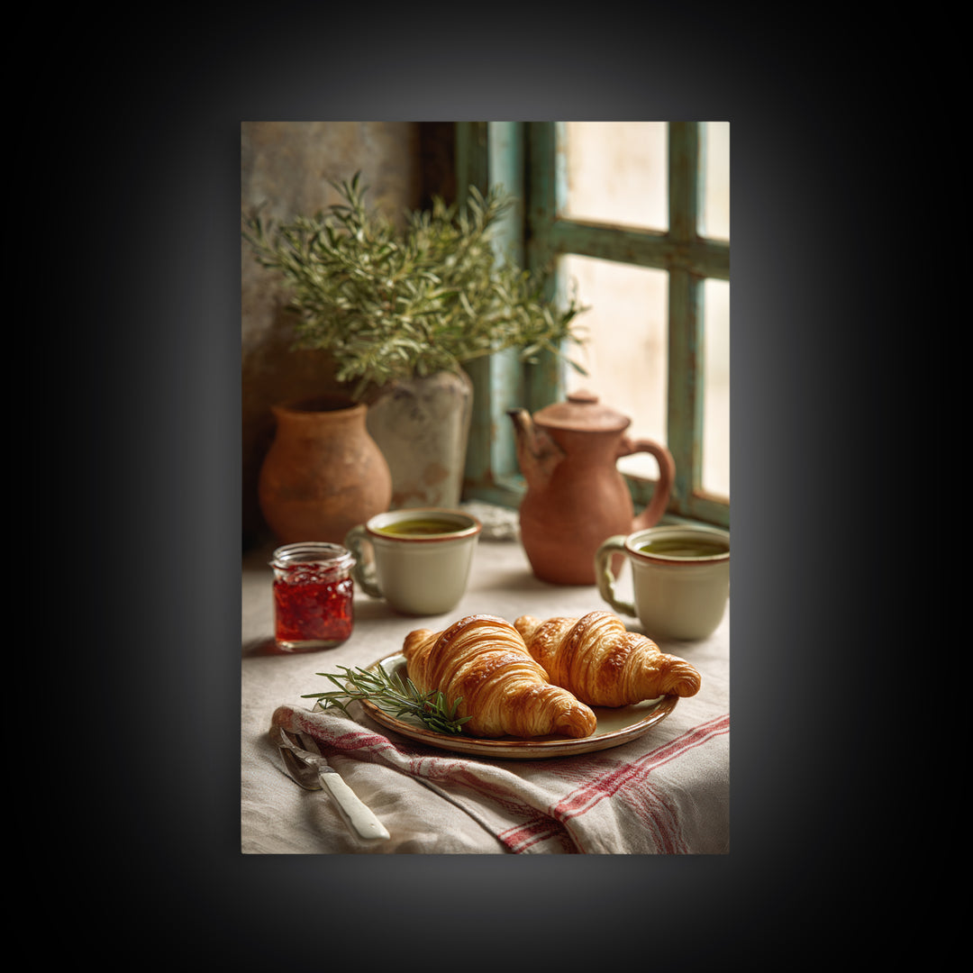 Fresh Croissants and Jam on a Linen Framed Canvas Print, Bed and Breakfast Art, Print, Living Room Decor, Abstract Art, BAB-2x3-34