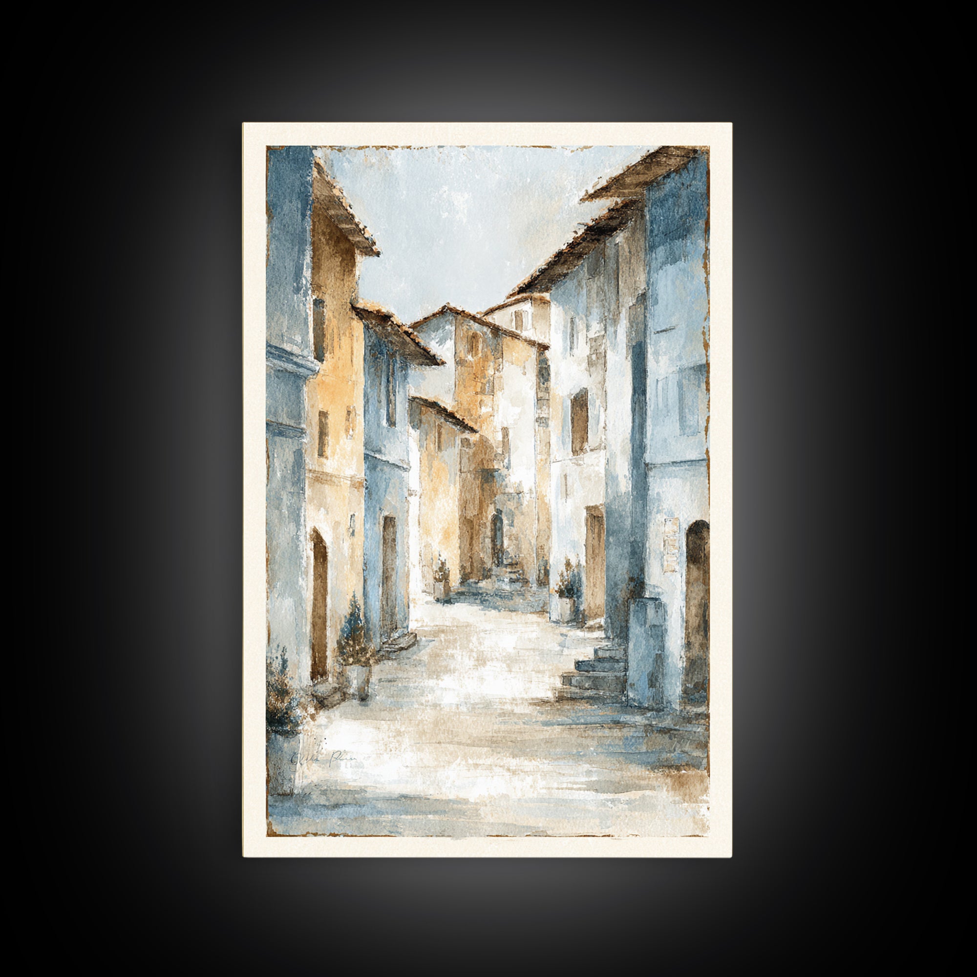 Soft Watercolor Village Street at Dawn Framed Canvas Print, Bed and Breakfast Art, Abstract Art, Living Room Decor, Fine Art, BAB-2x3-37