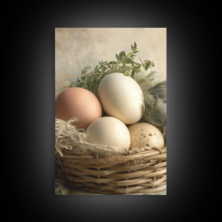 Fresh Eggs in a Woven Basket with Framed Canvas Print, Bed and Breakfast Art, Art Print, Living Room Decor, Fine Art, BAB-2x3-38