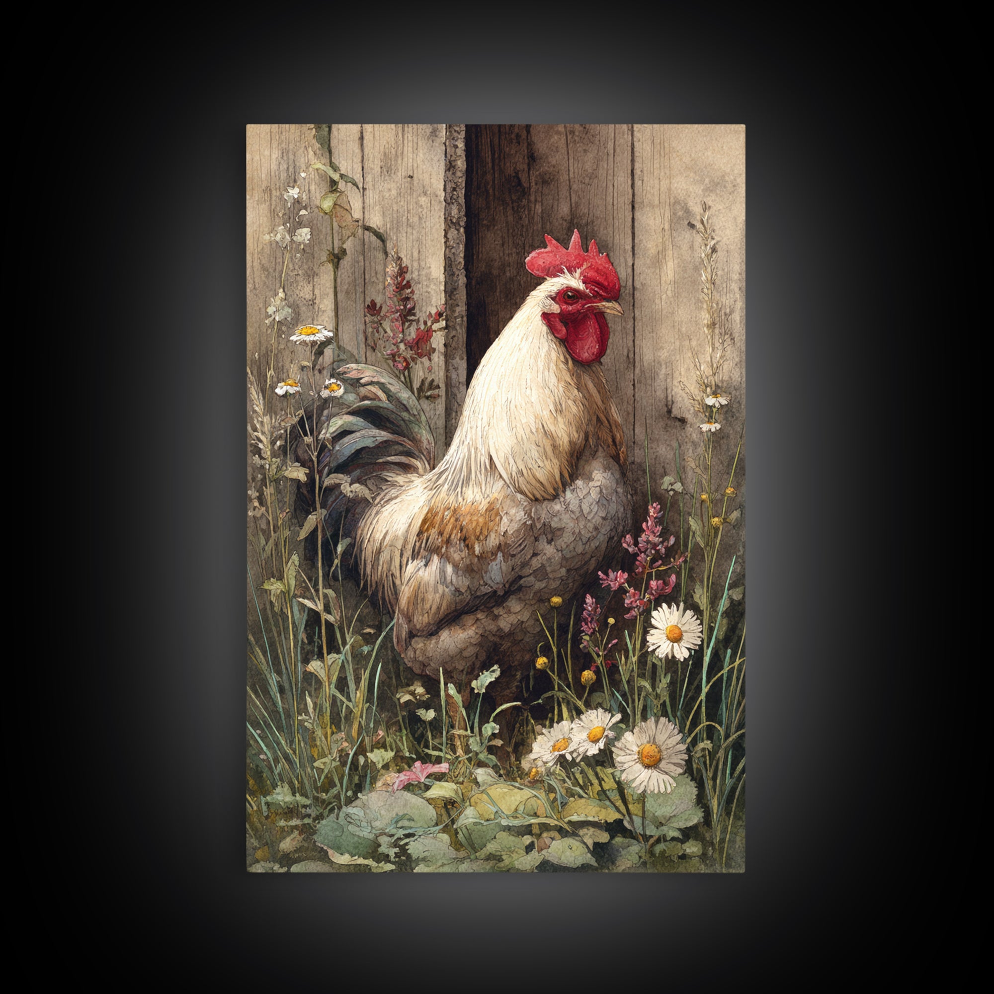 Rooster and Wildflower Country Portrait Framed Canvas Print, Bed and Breakfast Art, Digital Art, Living Room Decor, Fine Art, BAB-2x3-51