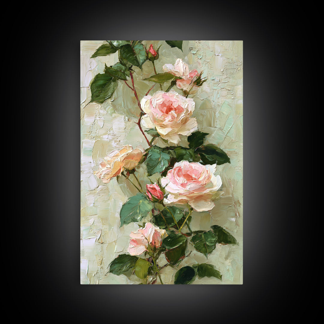 Garden Roses in Romantic Oil Paint Canvas Print, Bed and Breakfast Art, Farmhouse Decor, Living Room Decor, Statement Artwork, BAB-2x3-53