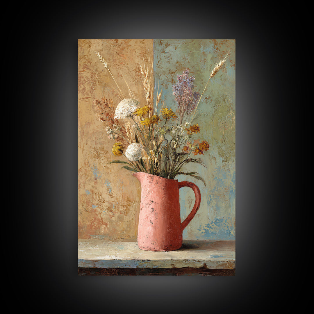 Country Wildflowers in a Chipped Ceramic Pitcher Canvas Print, Bed and Breakfast Art, Farmhouse Wall Decor, Living Room Decor, BAB-2x3-57