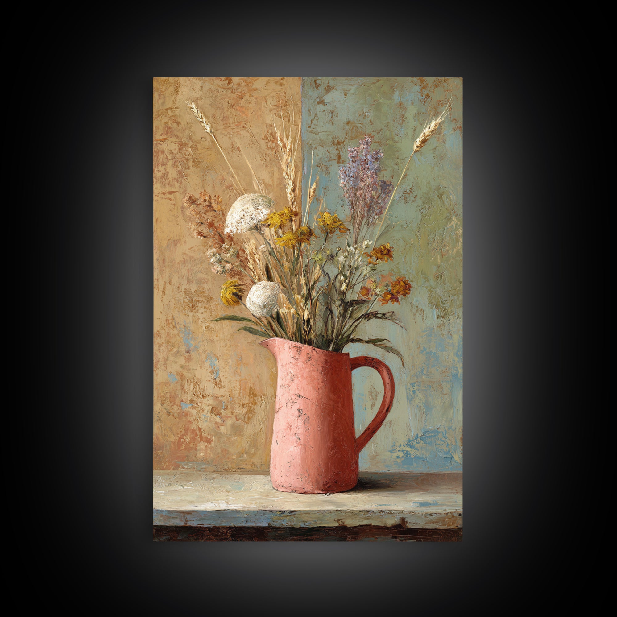 Country Wildflowers in a Chipped Ceramic Pitcher Canvas Print, Bed and Breakfast Art, Farmhouse Wall Decor, Living Room Decor, BAB-2x3-57