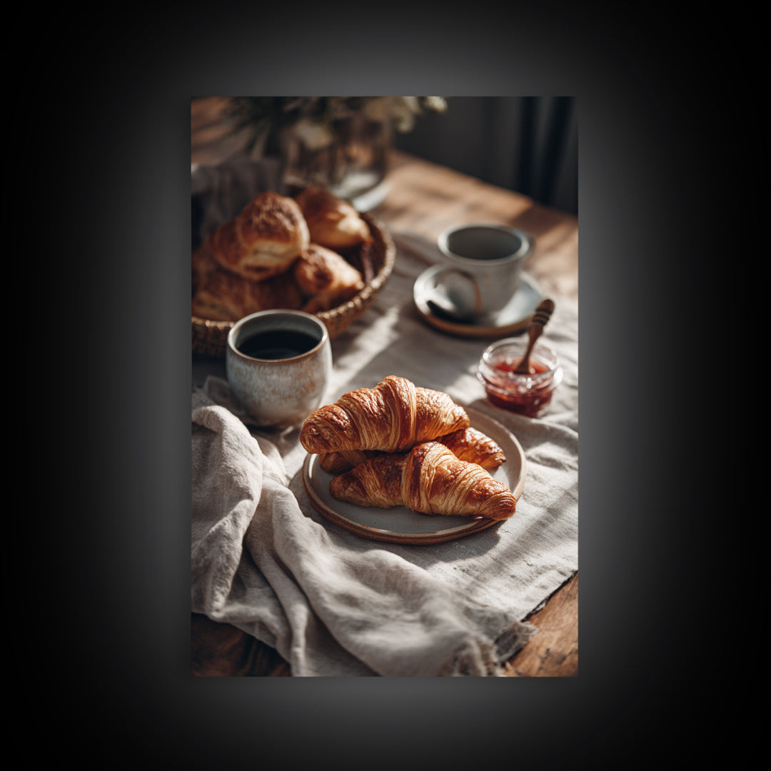 Fresh Croissants and Jam on a Linen Canvas Print, Bed and Breakfast Art, Abstract Art, Living Room Decor, Coffee Art, BAB-2x3-58