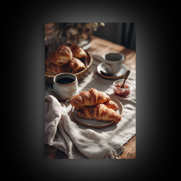 Fresh Croissants and Jam on a Linen Canvas Print, Bed and Breakfast Art, Abstract Art, Living Room Decor, Coffee Art, BAB-2x3-58