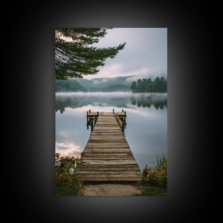 Quiet Lake Dock at Early Morning Framed Canvas Print, Bed and Breakfast Art, Minimalist Decor, Living Room Decor, Oil Painting, BAB-2x3-6