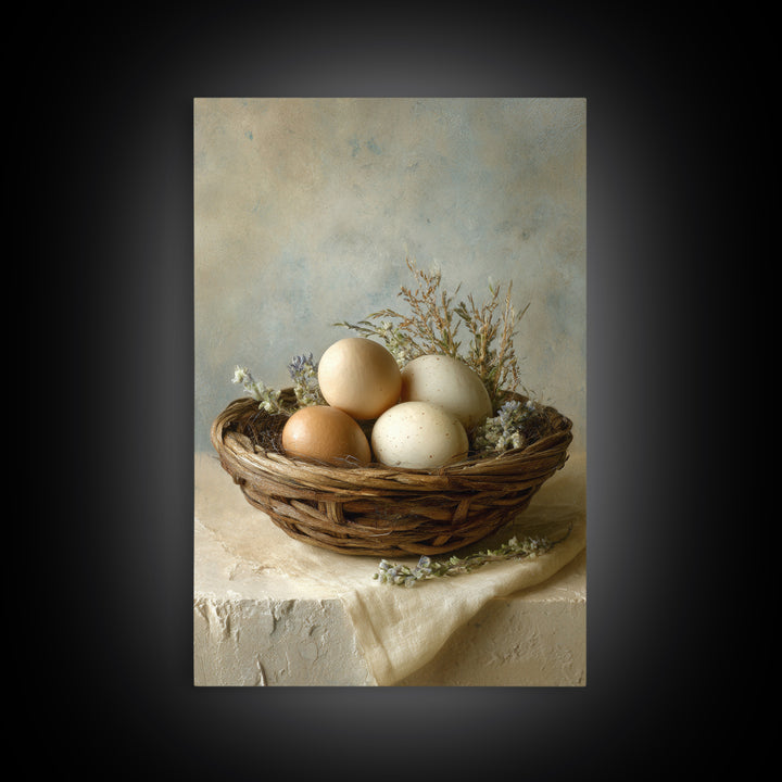 Fresh Eggs in a Woven Basket with Canvas Print, Bed and Breakfast Art, Bedroom Decor, Living Room Decor, Abstract Art, BAB-2x3-62