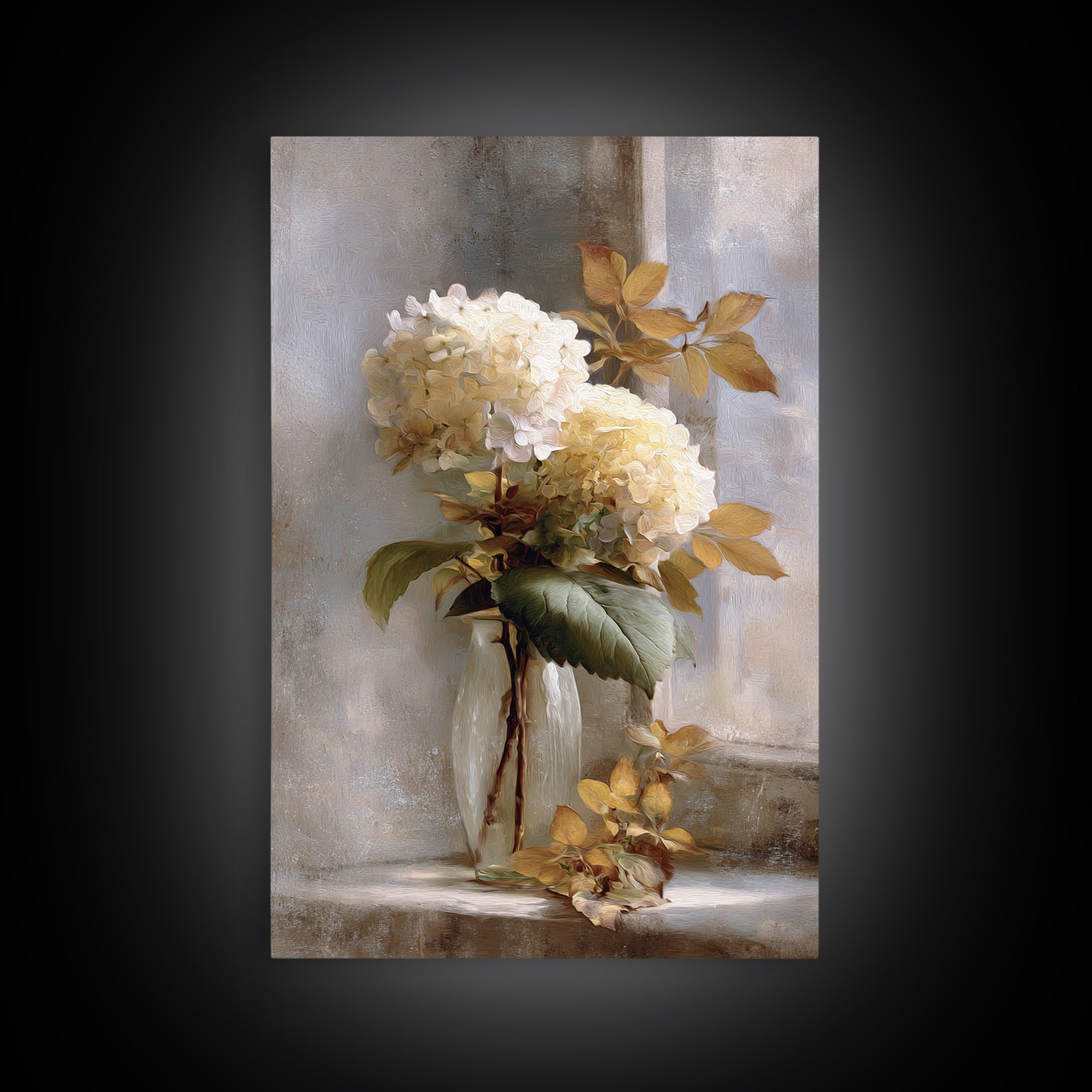 Sunlit Hydrangeas on a Windowsill Canvas Print, Bed and Breakfast Art, Digital Art, Living Room Decor, Oil Painting, BAB-2x3-66