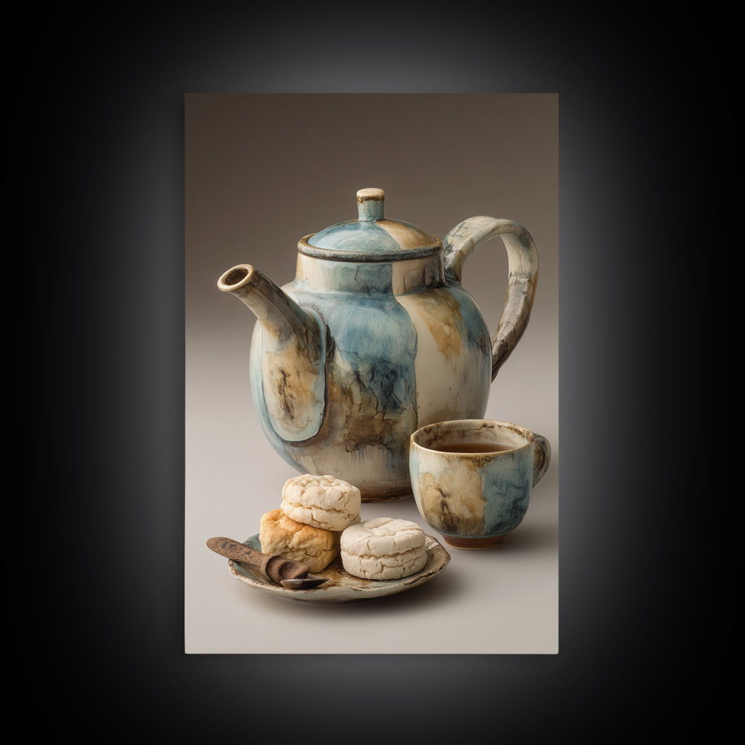 Porcelain Teapot and Scones Framed Canvas Print, Bed and Breakfast Art, Bed, Living Room Decor, Fine Art, Rustic Home Decor, BAB-2x3-68