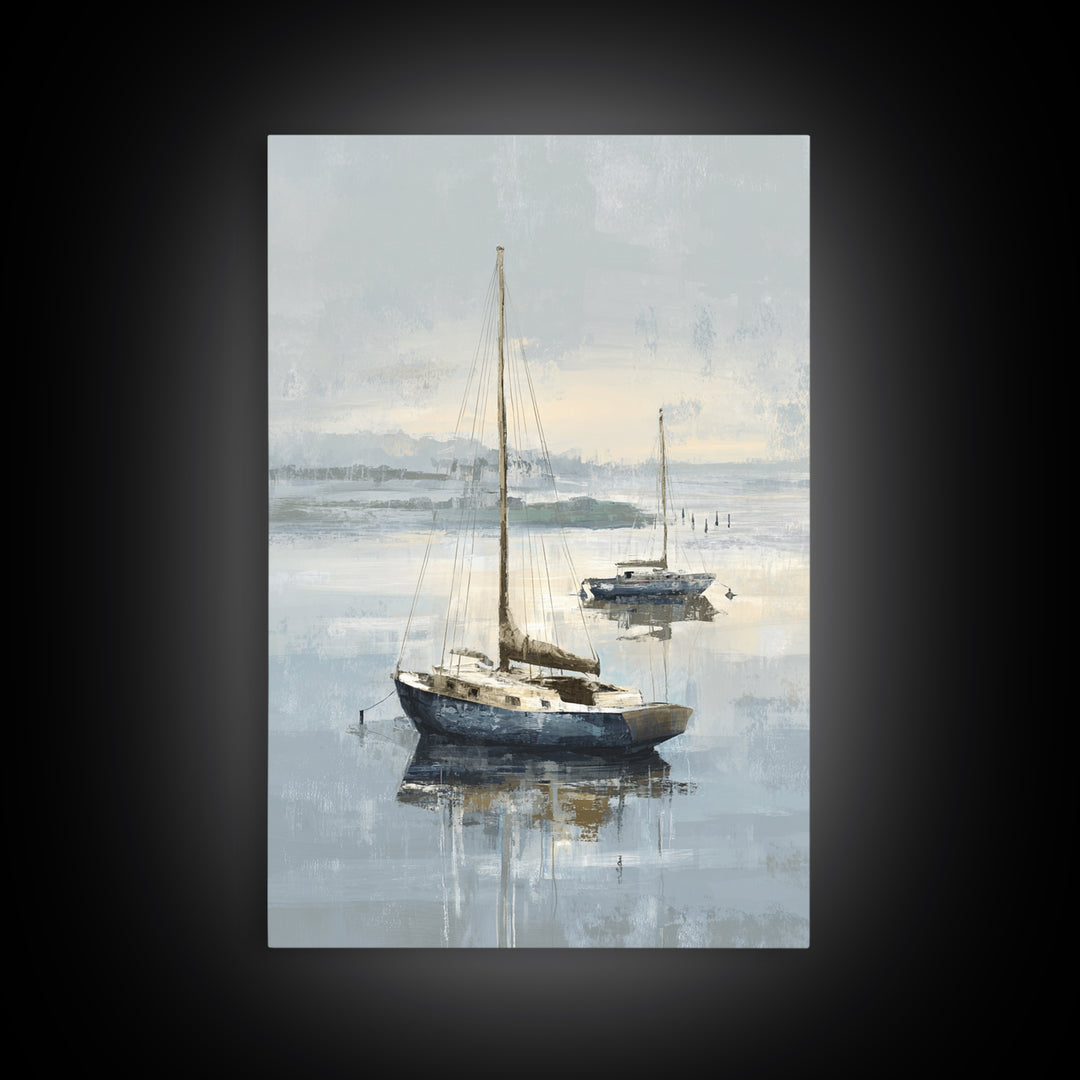Coastal Inn Sailboat at Sunrise Framed Canvas Print, Bed and Breakfast Art, Bedroom Wall Art, Living Room Decor, Fine Art, BAB-2x3-73