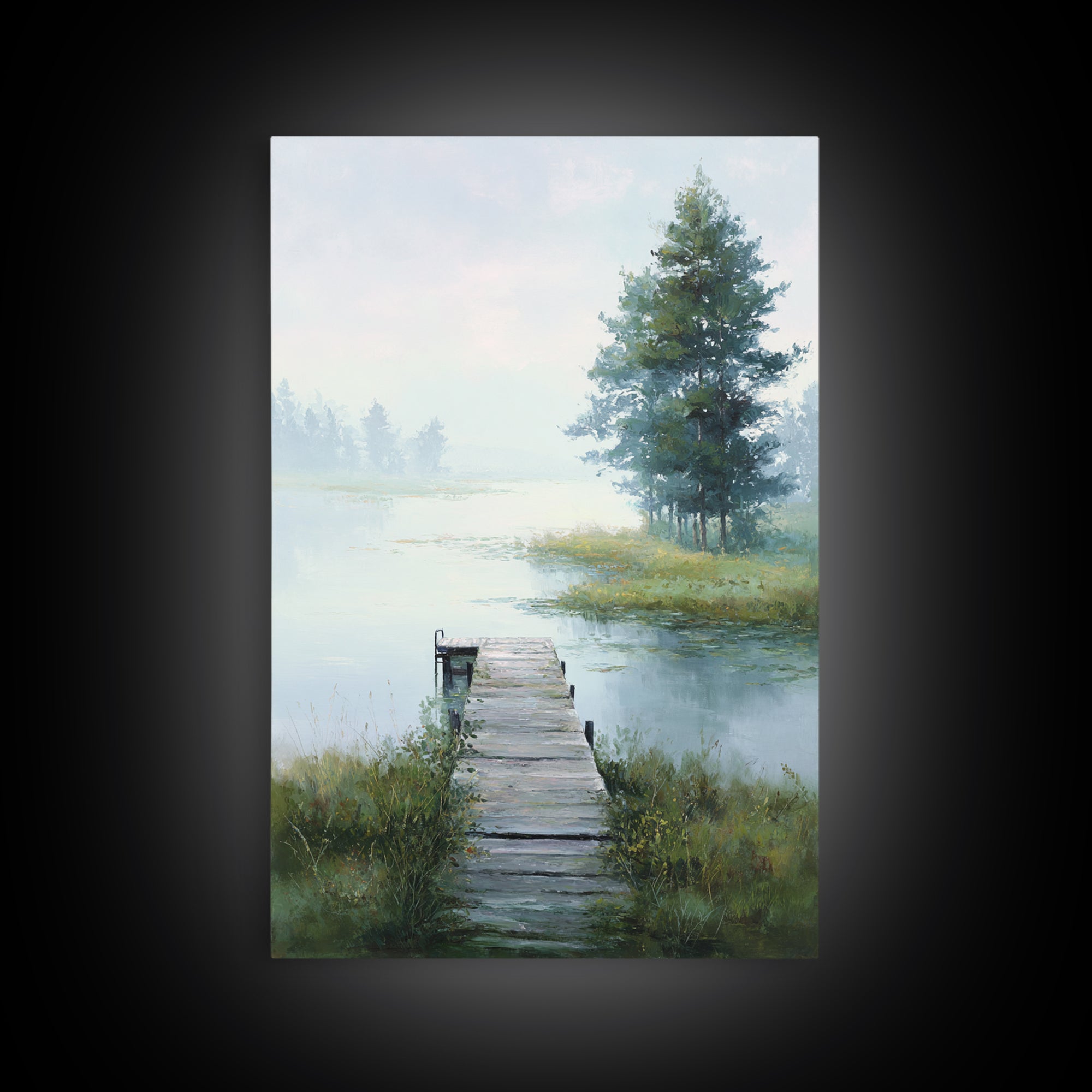 Quiet Lake Dock at Early Morning Framed Canvas Print, Bed and Breakfast Art, Canvas Wall Art, Living Room Decor, Fine Art, BAB-2x3-78