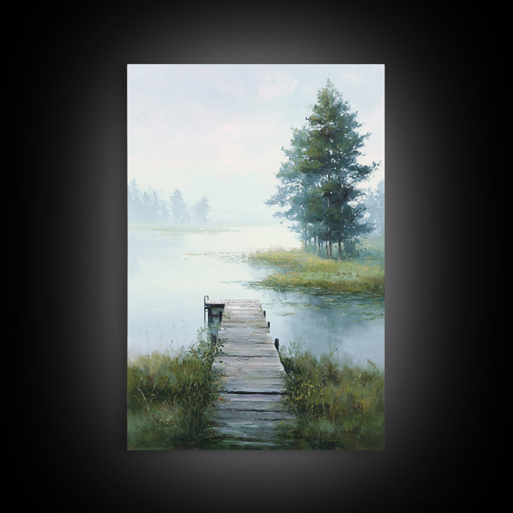 Quiet Lake Dock at Early Morning Framed Canvas Print, Bed and Breakfast Art, Canvas Wall Art, Living Room Decor, Fine Art, BAB-2x3-78