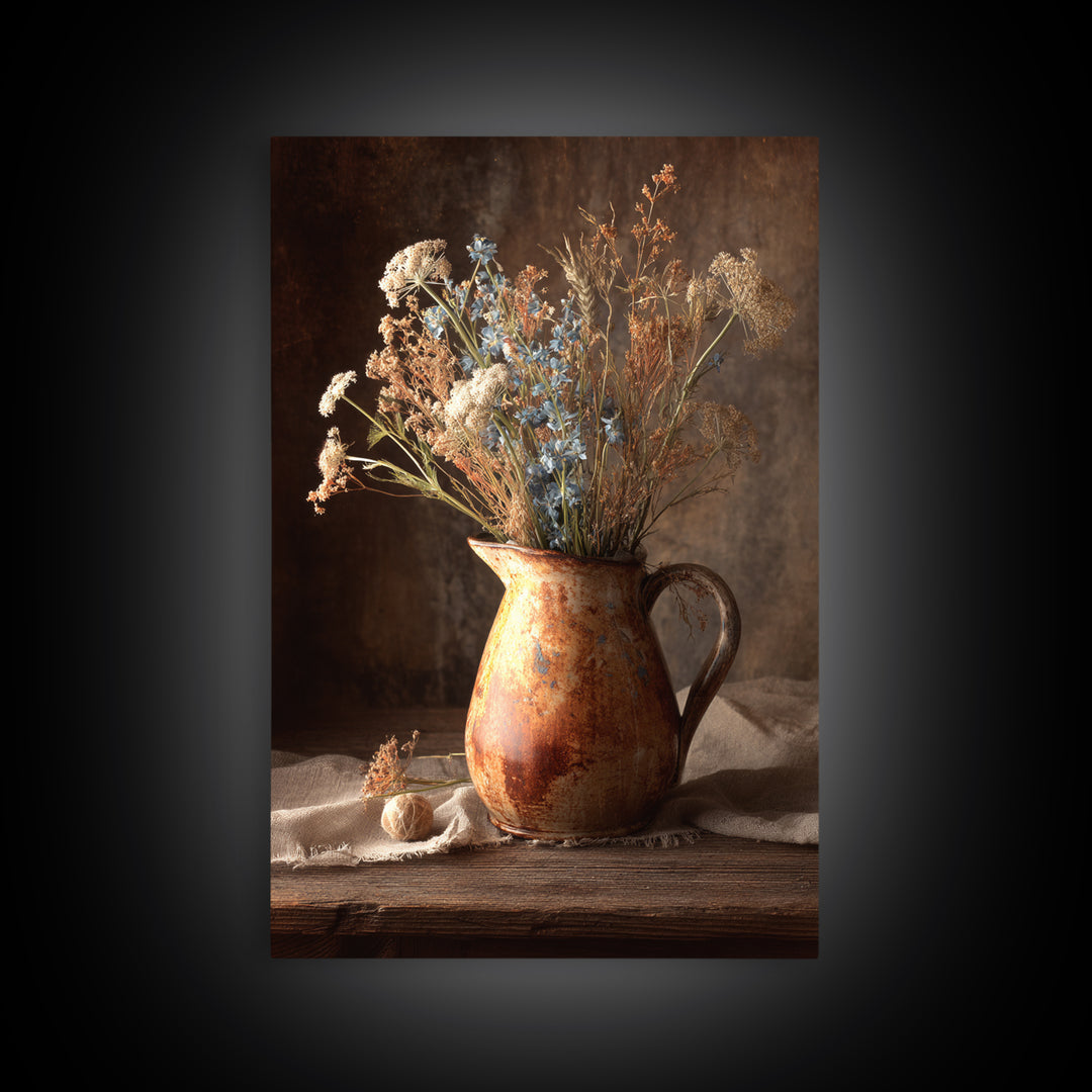 Country Wildflowers in a Chipped Ceramic Pitcher Canvas Print, Bed and Breakfast Art, Farmhouse Wall Decor, Living Room Decor, BAB-2x3-81