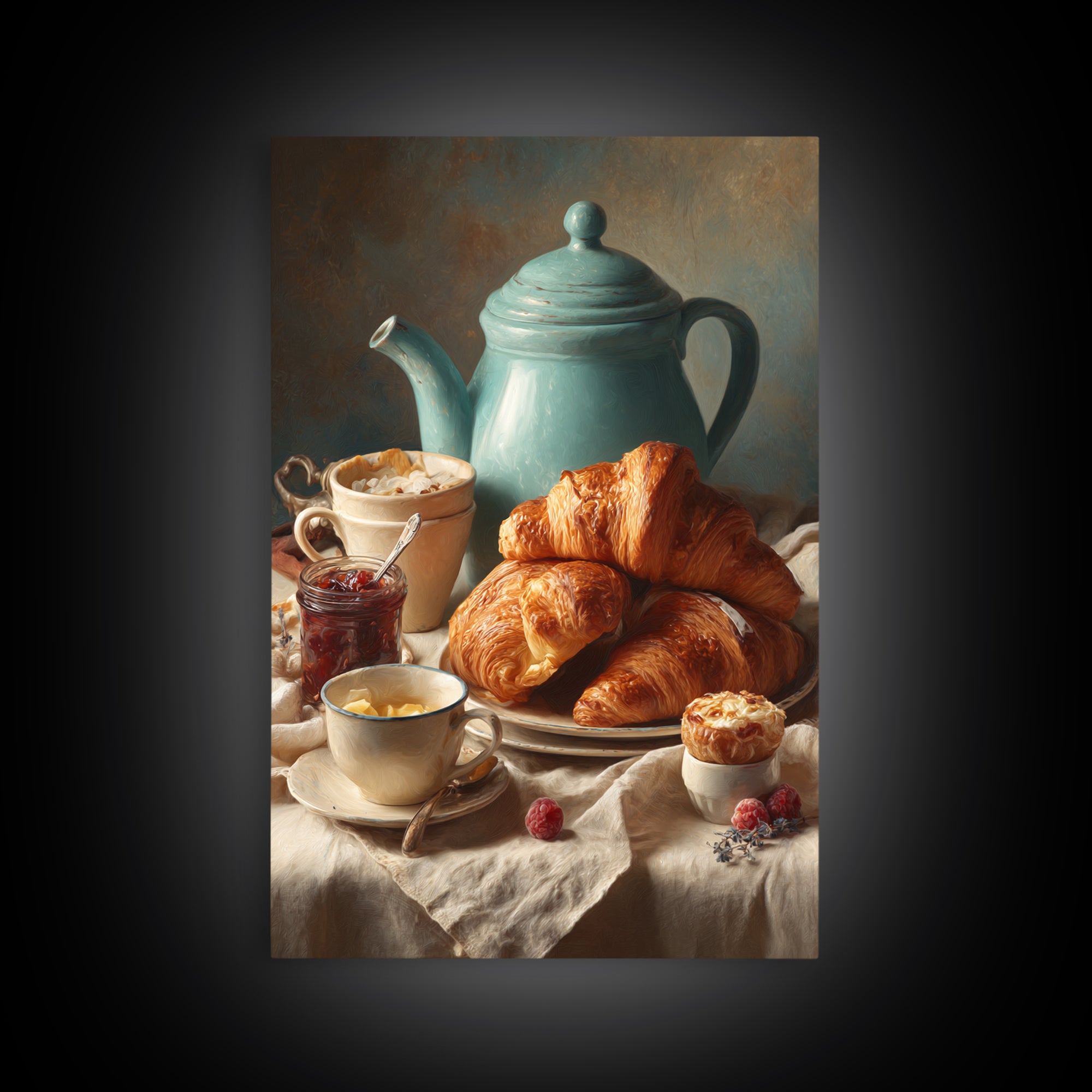 Fresh Croissants and Jam on a Linen Canvas Print, Bed and Breakfast Art, Abstract Art, Living Room Decor, Coffee Art, BAB-2x3-82