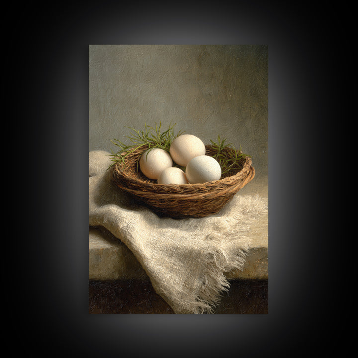Fresh Eggs in a Woven Basket with Canvas Print, Bed and Breakfast Art, Bedroom Decor, Living Room Decor, Abstract Art, BAB-2x3-86
