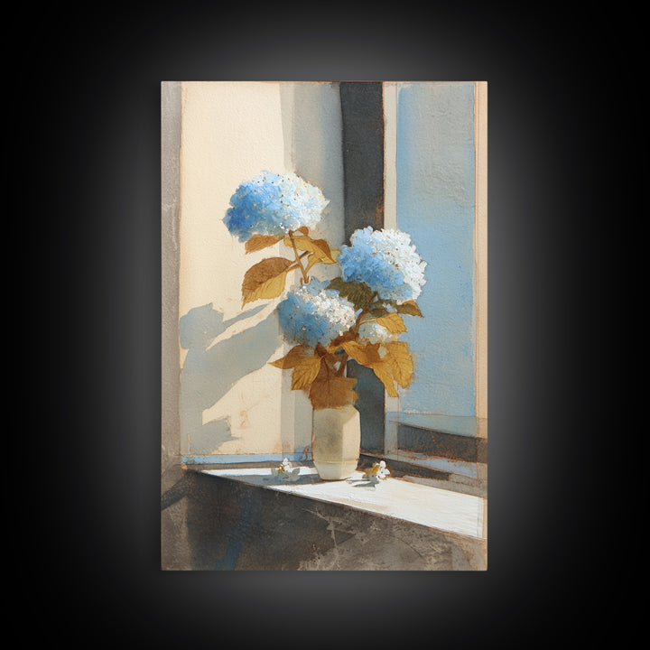 Sunlit Hydrangeas on a Windowsill Framed Canvas Print, Bed and Breakfast Art, Wood Wall Art, Living Room Decor, Fine Art, BAB-2x3-90