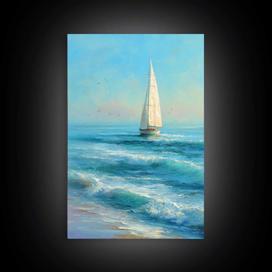 Coastal Inn Sailboat at Sunrise Framed Canvas Print, Bed and Breakfast Art, Bedroom Wall Art, Living Room Decor, Fine Art, BAB-2x3-97