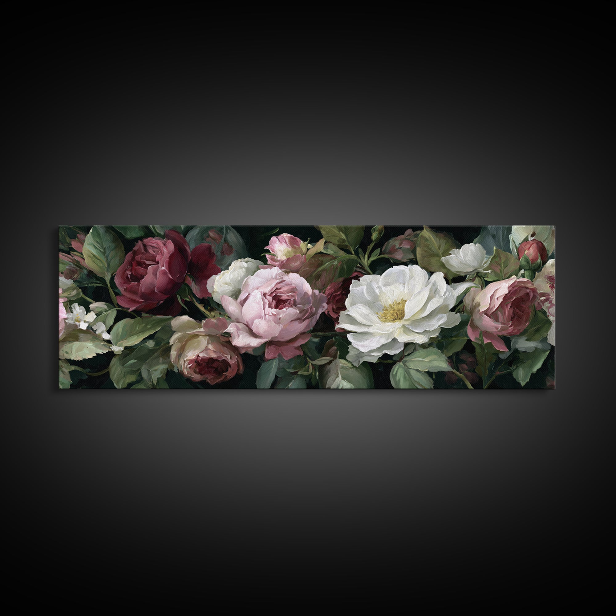Garden Roses in Romantic Oil Paint Canvas Print, Bed and Breakfast Art, Bed, Living Room Decor, Oil Painting, BAB-3x1-13