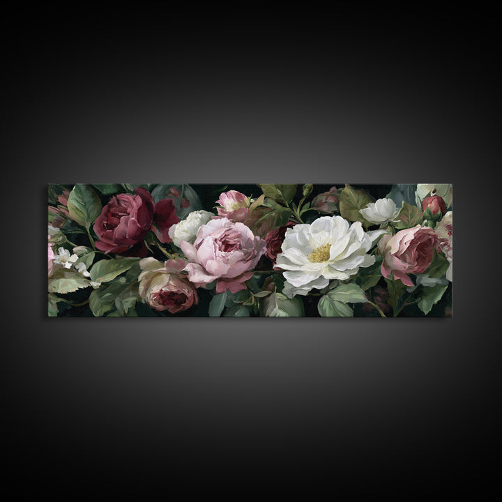 Garden Roses in Romantic Oil Paint Canvas Print, Bed and Breakfast Art, Bed, Living Room Decor, Oil Painting, BAB-3x1-13
