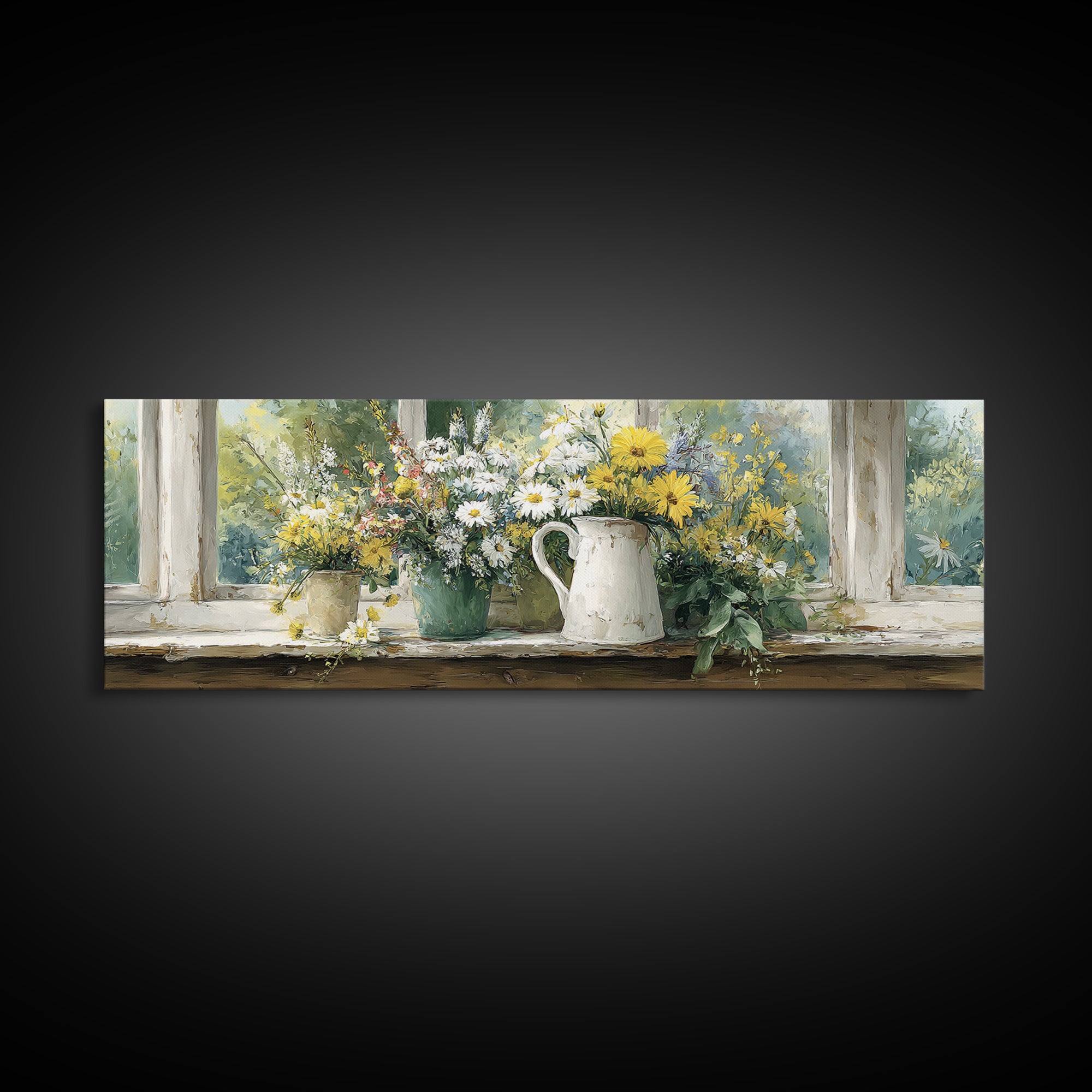 Country Wildflowers in a Chipped Ceramic Pitcher Canvas Print, Bed and Breakfast Art, Trendy Wall Art, Living Room Decor, BAB-3x1-17