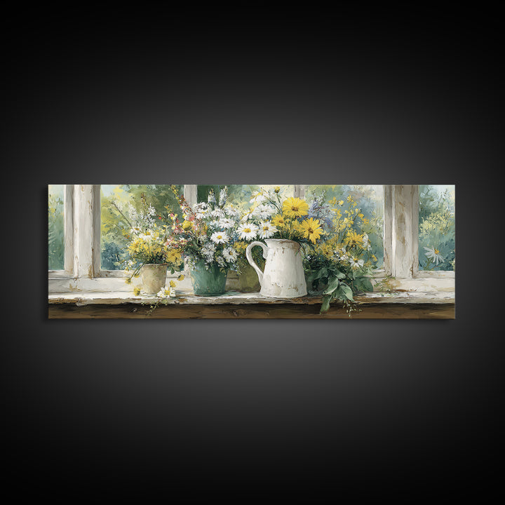 Country Wildflowers in a Chipped Ceramic Pitcher Canvas Print, Bed and Breakfast Art, Trendy Wall Art, Living Room Decor, BAB-3x1-17