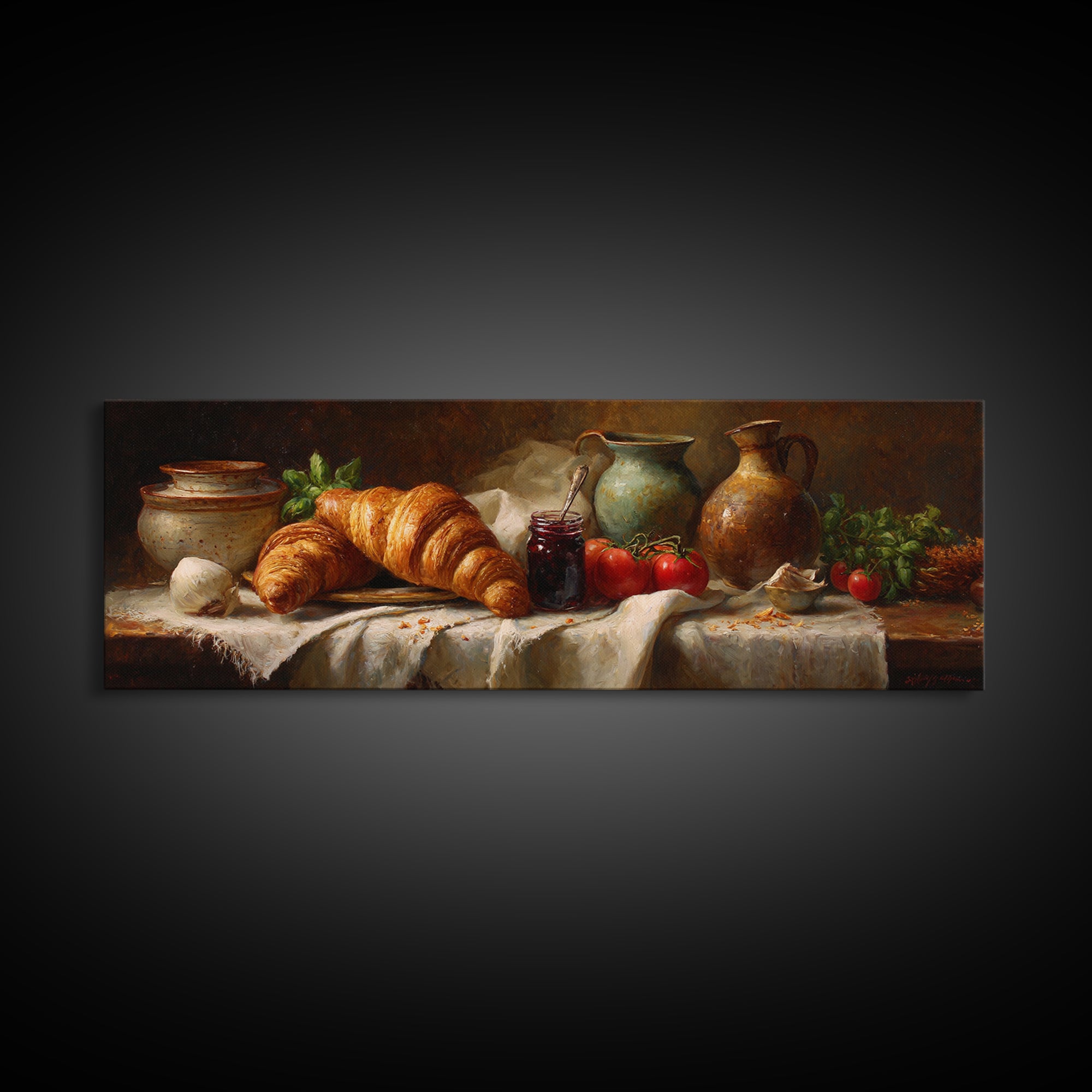 Fresh Croissants and Jam on a Linen Framed Canvas Print, Bed and Breakfast Art, Printable Art, Living Room Decor, Abstract Art, BAB-3x1-18