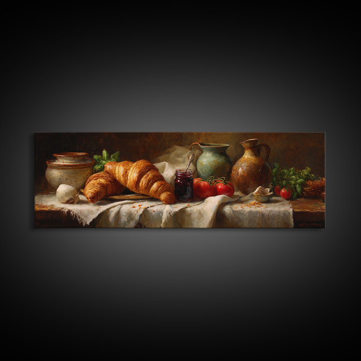 Fresh Croissants and Jam on a Linen Framed Canvas Print, Bed and Breakfast Art, Printable Art, Living Room Decor, Abstract Art, BAB-3x1-18