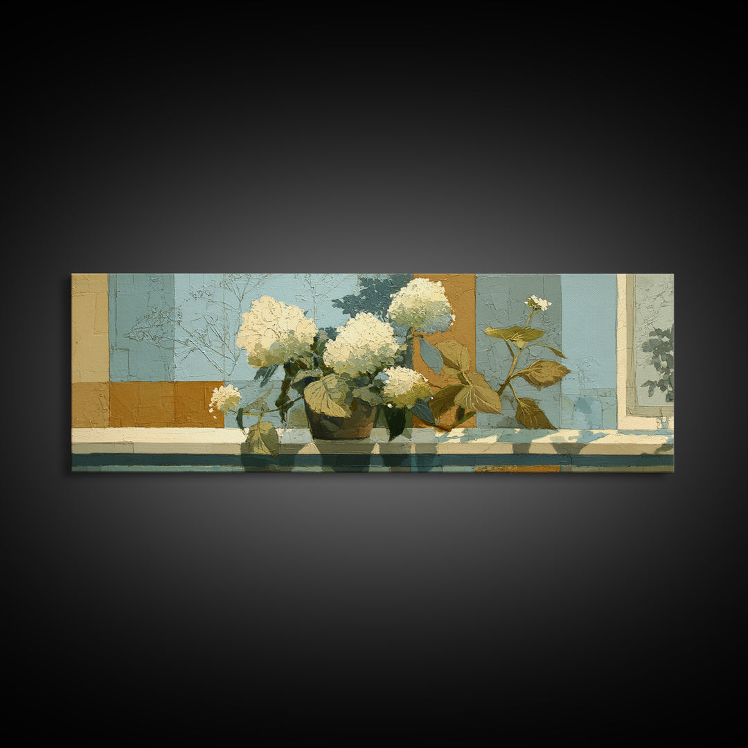 Sunlit Hydrangeas on a Windowsill Framed Canvas Print, Bed and Breakfast Art, Canvas Wall Art, Living Room Decor, Fine Art, BAB-3x1-2
