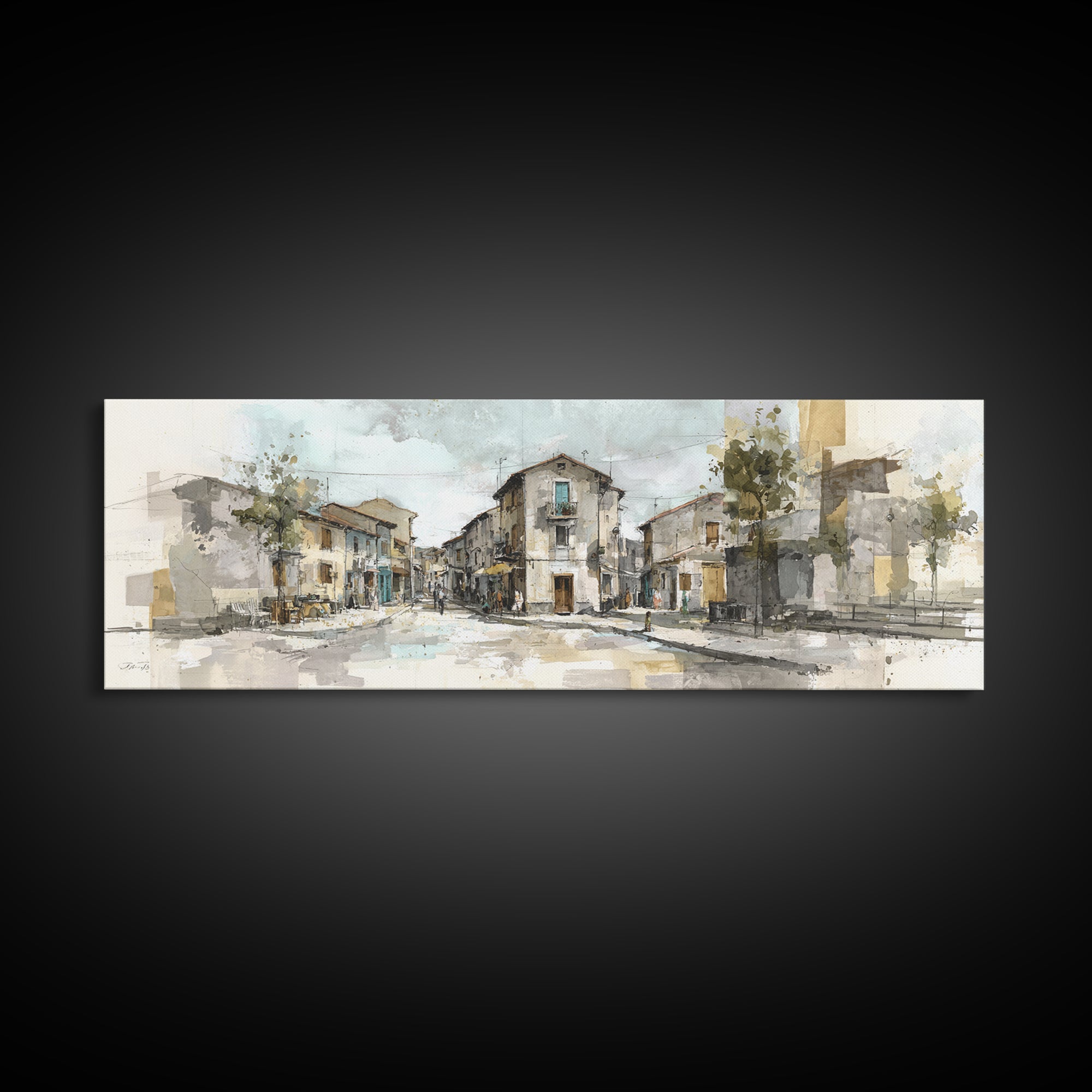 Soft Watercolor Village Street at Dawn Canvas Print, Bed and Breakfast Art, Farmhouse Wall Art, Living Room Decor, Fine Art, BAB-3x1-21