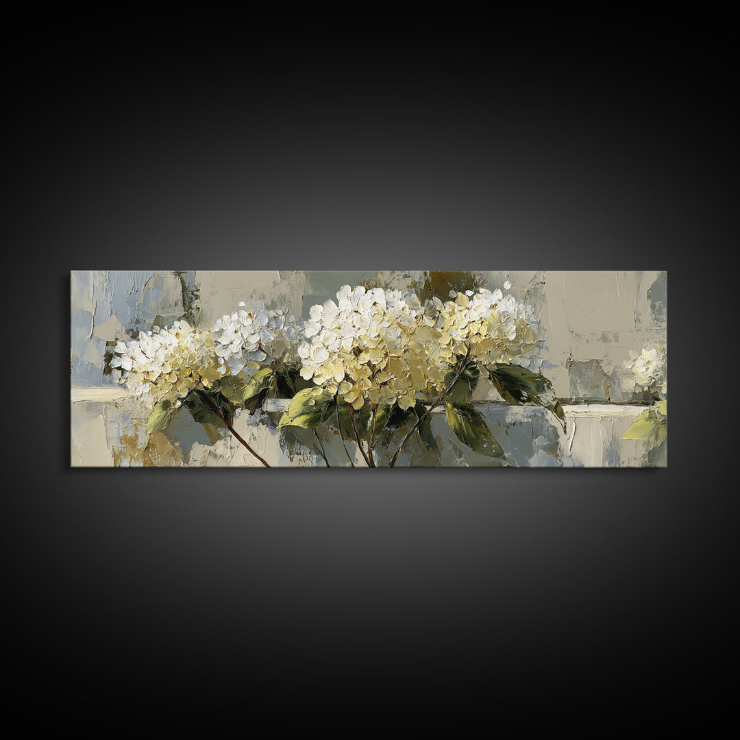 Sunlit Hydrangeas on a Windowsill Canvas Print, Bed and Breakfast Art, Living Room Decor, Watercolor Art, Folk Art, BAB-3x1-26