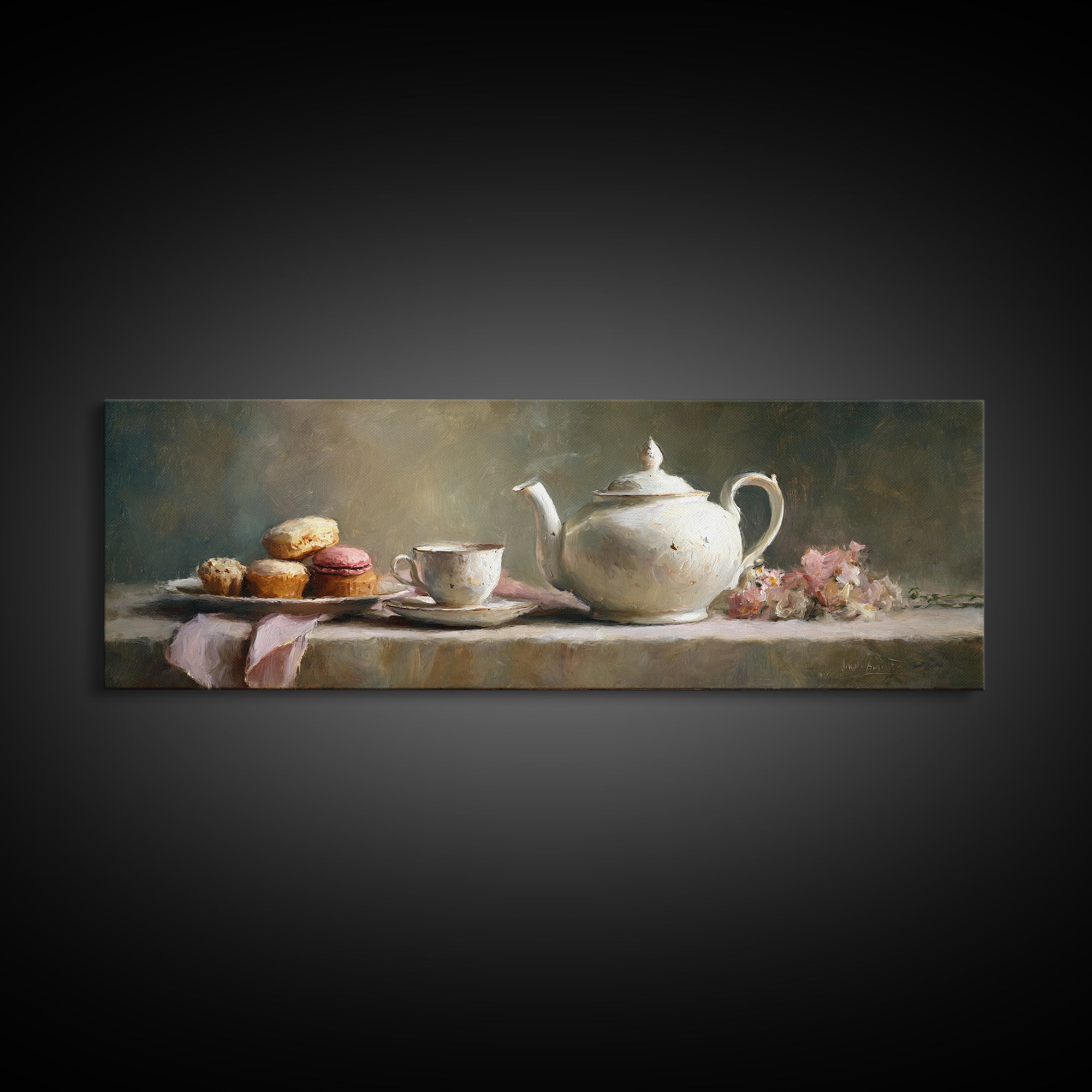 Porcelain Teapot and Scones Framed Canvas Print, Bed and Breakfast Art, Bedroom Art, Living Room Decor, Oil Painting, BAB-3x1-28