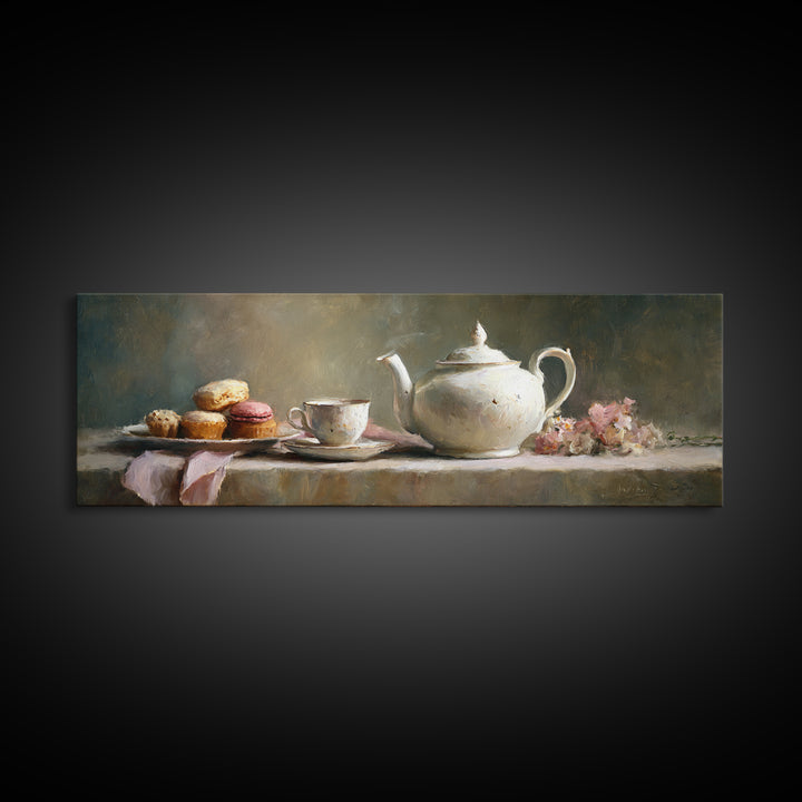 Porcelain Teapot and Scones Framed Canvas Print, Bed and Breakfast Art, Bedroom Art, Living Room Decor, Oil Painting, BAB-3x1-28