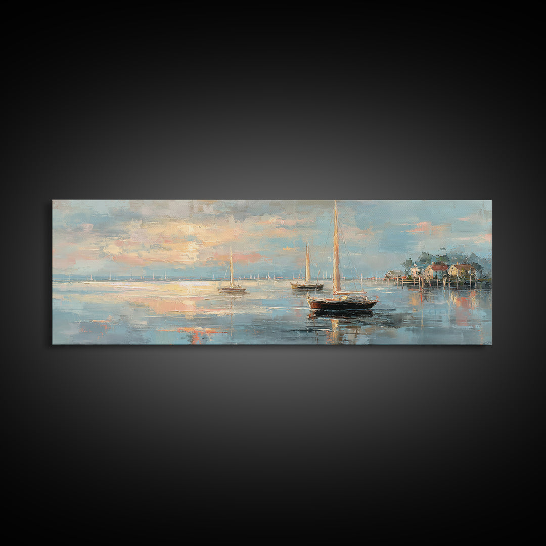 Coastal Inn Sailboat at Sunrise Canvas Print, Bed and Breakfast Art, Above Bed Decor, Living Room Decor, Fine Art, BAB-3x1-33