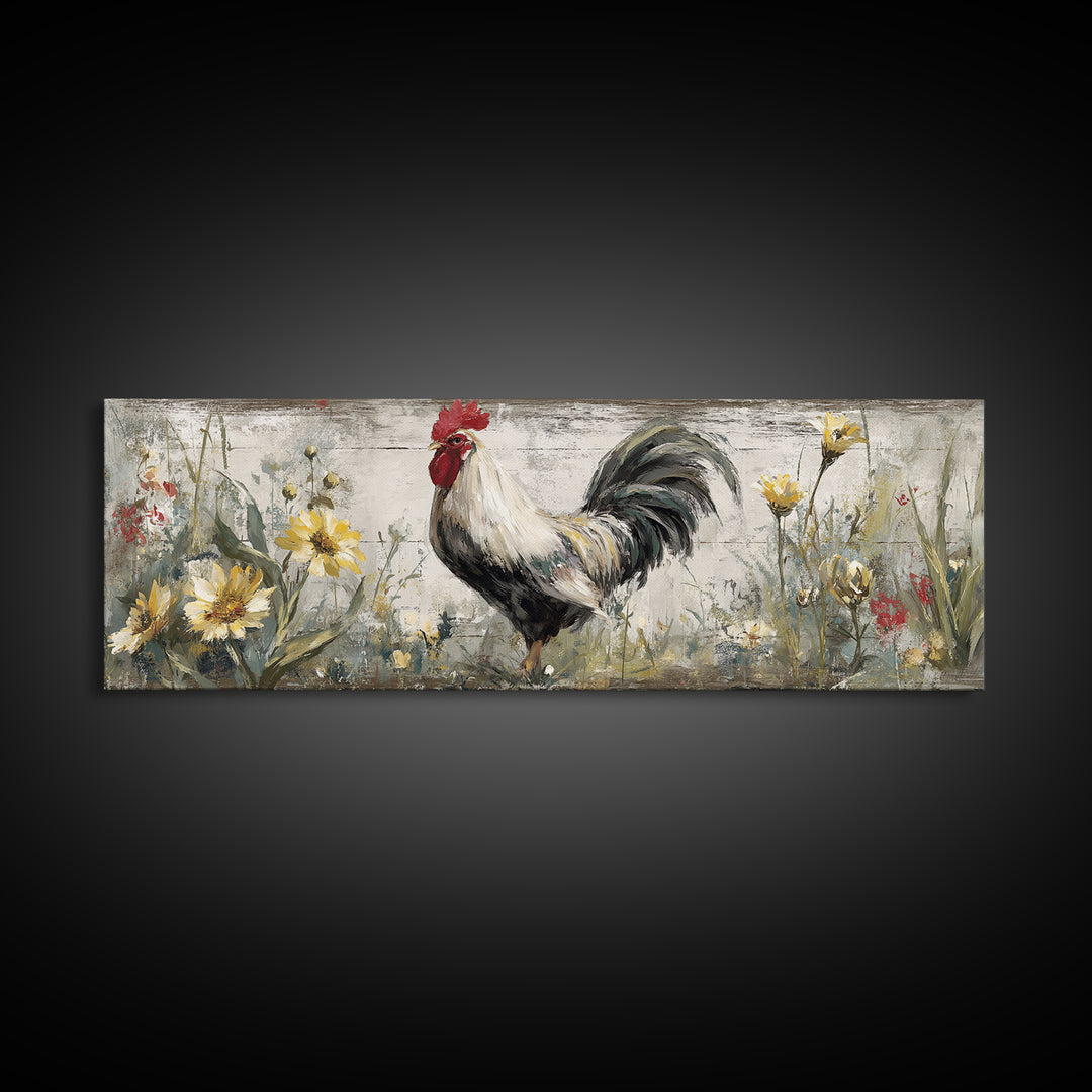 Rooster and Wildflower Country Portrait Canvas Print, Bed and Breakfast Art, Minimalist Decor, Living Room Decor, Oil Painting, BAB-3x1-35