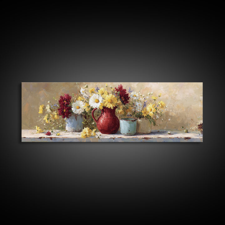Country Wildflowers in a Chipped Ceramic Pitcher Canvas Print, Bed and Breakfast Art, Rustic Home Decor, Living Room Decor, BAB-3x1-41