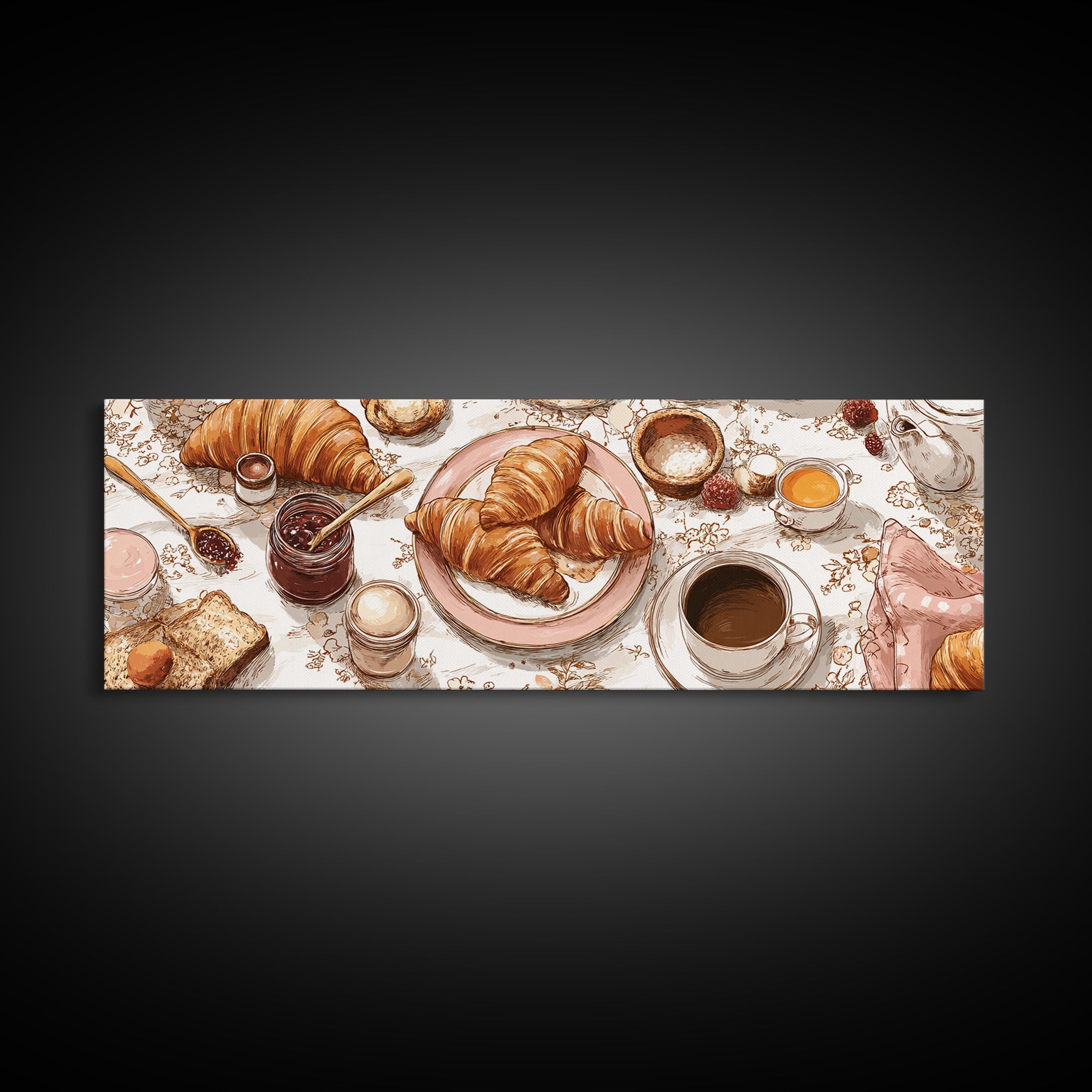 Fresh Croissants and Jam on a Linen Canvas Print, Bed and Breakfast Art, Bedroom Wall Art, Living Room Decor, Abstract Art, BAB-3x1-42