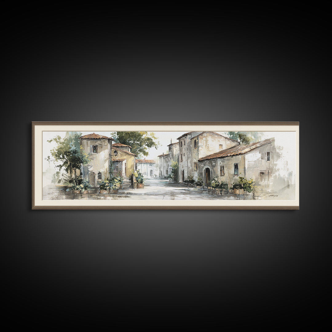 Soft Watercolor Village Street at Dawn Canvas Print, Bed and Breakfast Art, Farmhouse Wall Art, Living Room Decor, Fine Art, BAB-3x1-45