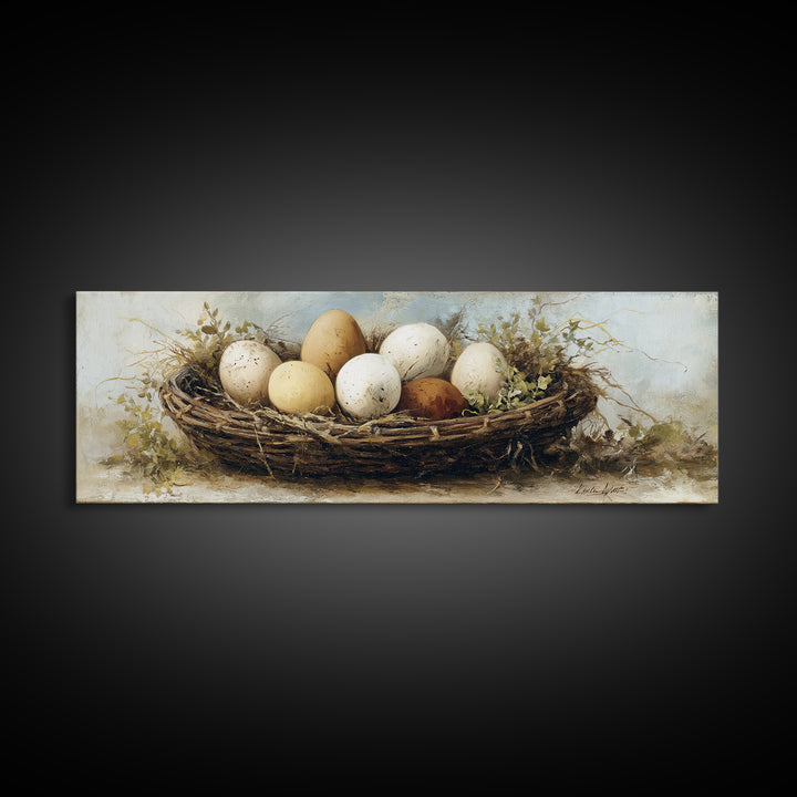 Fresh Eggs in a Woven Basket with Canvas Print, Bed and Breakfast Art, Bedroom Wall Decor, Living Room Decor, Fine Art, BAB-3x1-46