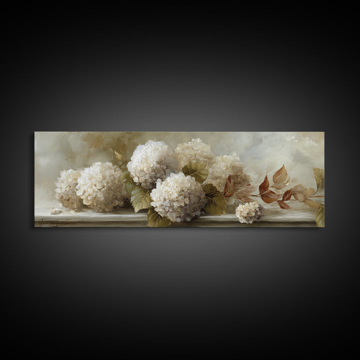 Sunlit Hydrangeas on a Windowsill Canvas Print, Bed and Breakfast Art, Living Room Decor, Watercolor Art, Folk Art, BAB-3x1-50