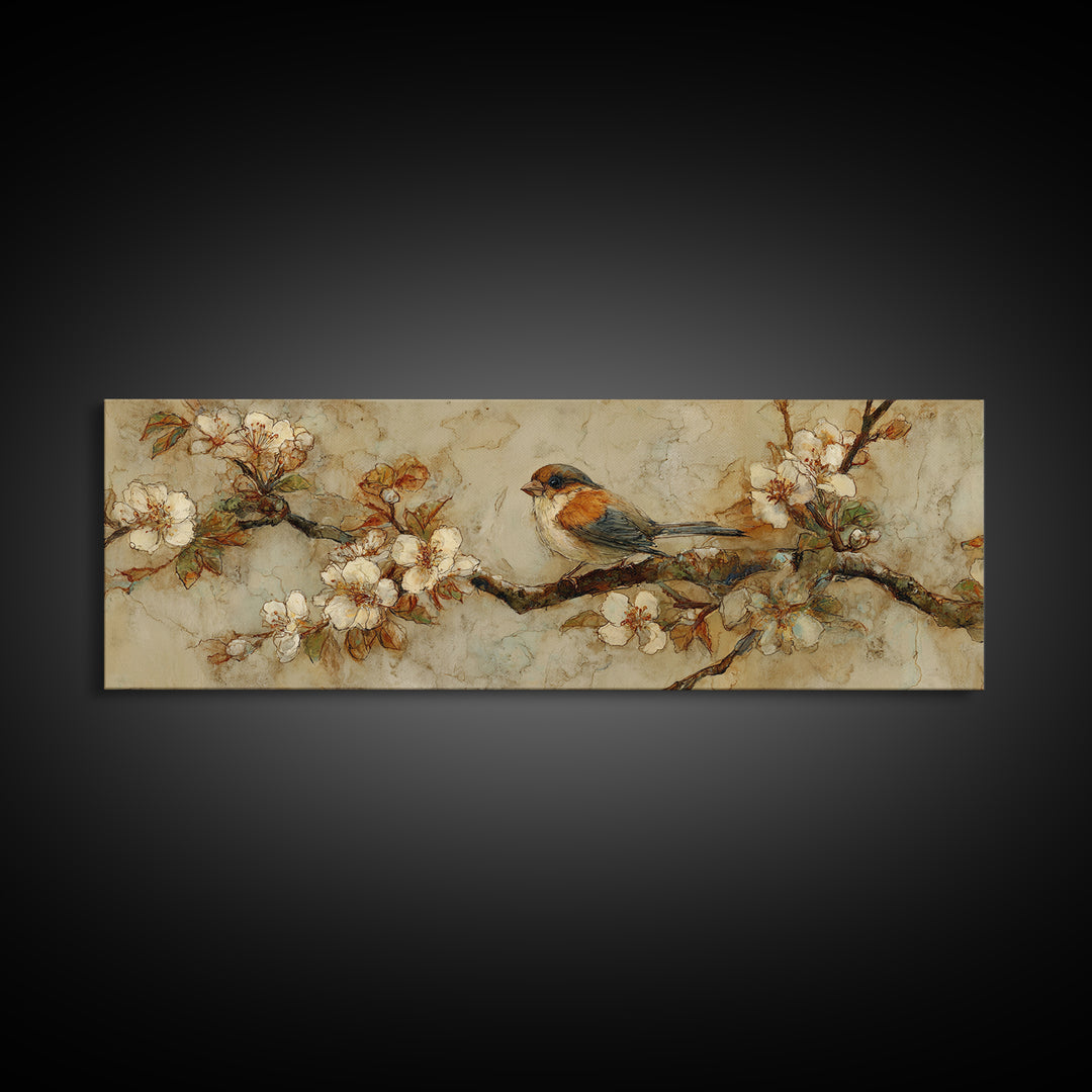 Small Bird on a Flowering Branch Canvas Print, Bed and Breakfast Art, Folk Art, Living Room Decor, Watercolor Art, BAB-3x1-54